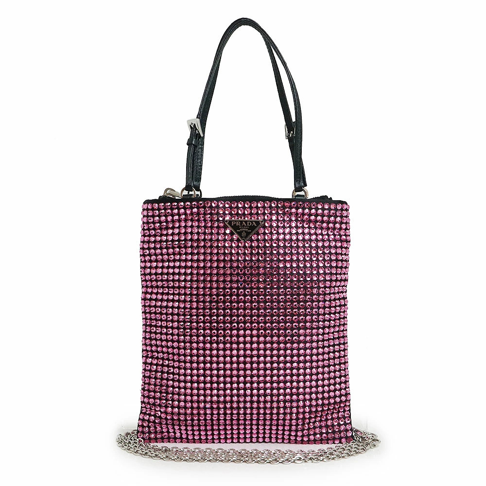 Prada Triangle Plate Chain Shoulder Handbag Crossbody Crystal Satin Rosa Pink